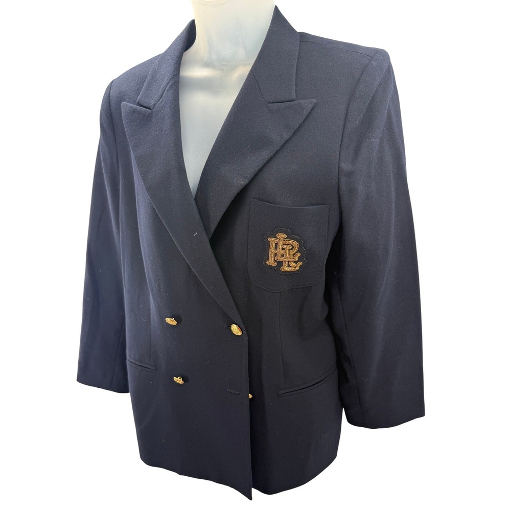 Lauren Ralph Lauren Navy Blue Wool Double Breasted Crest Blazer Gold Buttons 14